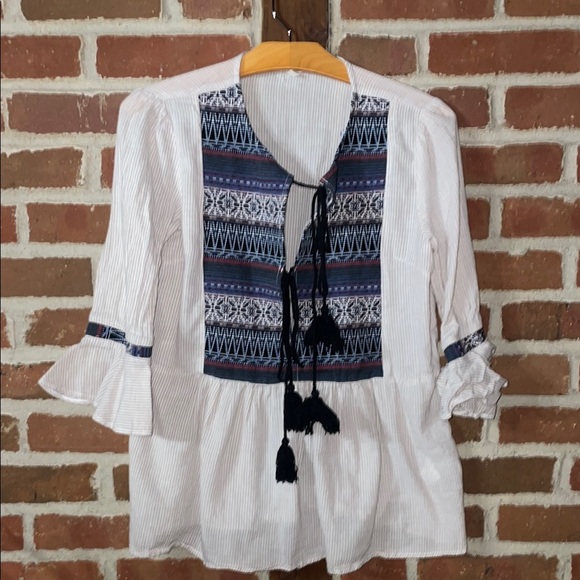 cotton bleu Tops - Bohemian White and Blue Women's Top
